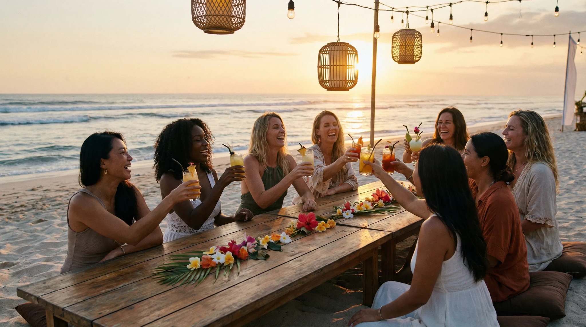 Women celebrating together at beach gathering